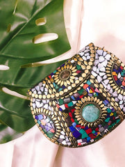 Silver & Multi mosaic Jewel stone Clutch Bag