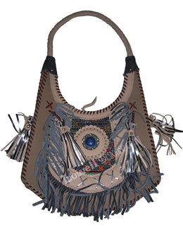 LEATHER BANJARA SHOULDER BAG WITH SUEDE FRINGE