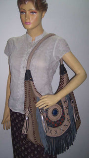 LEATHER BANJARA SHOULDER BAG WITH SUEDE FRINGE