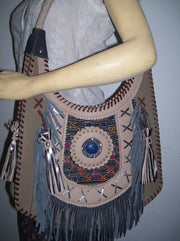 LEATHER BANJARA SHOULDER BAG WITH SUEDE FRINGE