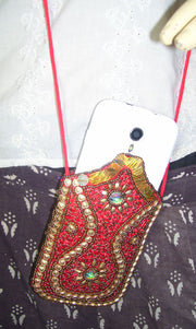 SATIN  EMBROIDERY  ETHNIC  MOBILE  HOLDER BAG WITH STRING