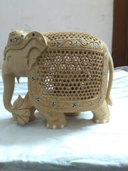 WOODEN ELEPHANT CHILD & TREE IN TRUNK