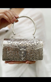 Handcrafted Silver Box Clutch Handbag Sling Bag