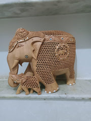 WOODEN ELEPHANT CHILD & TREE IN TRUNK
