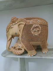 WOODEN ELEPHANT CHILD & TREE IN TRUNK