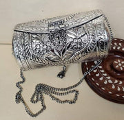 silver plated Hand Carving Round Box metal Clutch