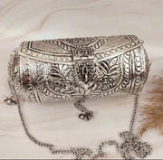 silver plated Hand Carving Round Box metal Clutch