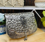 Women silver color Brass Hand Carved Purse