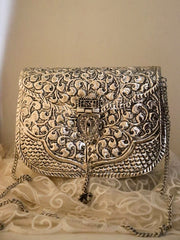 Women silver color Brass Hand Carved Purse