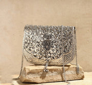 Women silver color Brass Hand Carved Purse