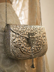 Women silver color Brass Hand Carved Purse