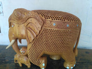 WOODEN ELEPHANT CHILD & TREE IN TRUNK