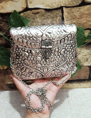 Engraving silver color metal box clutch purse