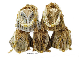 Golden Designer Embroidery Lotus Artsilk Party Potli Bag