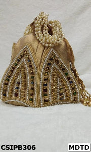 Golden Designer Embroidery Lotus Artsilk Party Potli Bag
