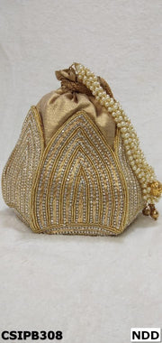 Golden Designer Embroidery Lotus Artsilk Party Potli Bag