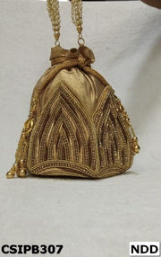 Golden Designer Embroidery Lotus Artsilk Party Potli Bag
