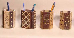 WOODEN PEN STAND ,BRASS INLAY,ALTERNATE WHITEWOOD