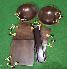 Wooden Platter for Serving Food with 2 Bowls