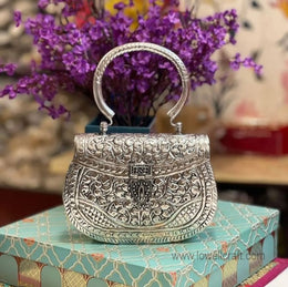 Women Silver Brass Metal Bridal Clutch Sling Bag