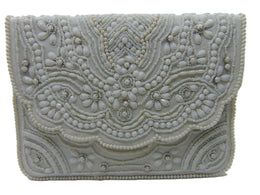 Handcrafted Ivory Floral Scalloped Beaded Envelope Clutch Bag