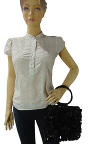 Handcrafted Midnight Black Paillette Sequin Evening Bag with Beaded Ring Handle