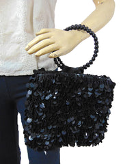 Handcrafted Midnight Black Paillette Sequin Evening Bag with Beaded Ring Handle