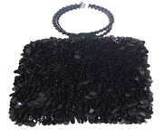 Handcrafted Midnight Black Paillette Sequin Evening Bag with Beaded Ring Handle