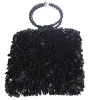 Handcrafted Midnight Black Paillette Sequin Evening Bag with Beaded Ring Handle