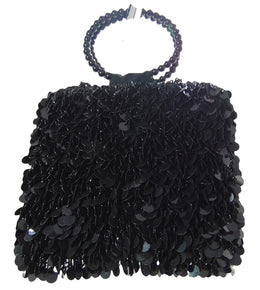 Handcrafted Midnight Black Paillette Sequin Evening Bag with Beaded Ring Handle