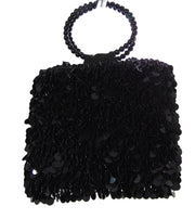 Handcrafted Midnight Black Paillette Sequin Evening Bag with Beaded Ring Handle