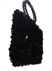 Handcrafted Midnight Black Paillette Sequin Evening Bag with Beaded Ring Handle