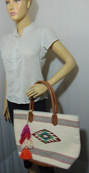 Leather white handle Cotton Hand-loom white Durries Bag