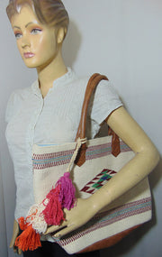 Leather white handle Cotton Hand-loom white Durries Bag