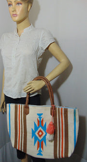 Leather handle whiteCotton Handloom Durries Bag