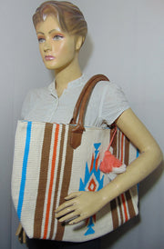 Leather handle whiteCotton Handloom Durries Bag