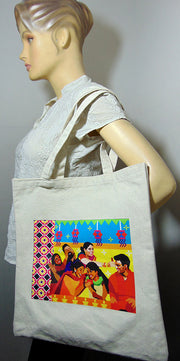 Multicolor print & logo print Canvas Shopping Bag