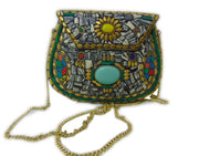 GREY MOSAIC WOMENS CHAIN ETHNIC BAG CLUTCH BOX METAL PURSE EVENING HANDBAG WALLET