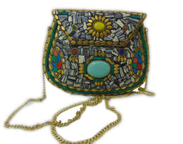 GREY MOSAIC WOMENS CHAIN ETHNIC BAG CLUTCH BOX METAL PURSE EVENING HANDBAG WALLET