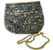 GREY MOSAIC WOMENS CHAIN ETHNIC BAG CLUTCH BOX METAL PURSE EVENING HANDBAG WALLET