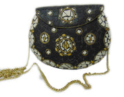 BLACK MOSAIC WOMENS CHAIN ETHNIC BAG CLUTCH BOX METAL PURSE EVENING HANDBAG WALLET