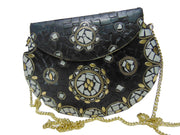 BLACK MOSAIC WOMENS CHAIN ETHNIC BAG CLUTCH BOX METAL PURSE EVENING HANDBAG WALLET