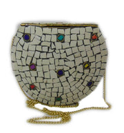 WHITE MOSAIC WOMENS CHAIN ETHNIC BAG CLUTCH BOX METAL PURSE EVENING HANDBAG WALLET