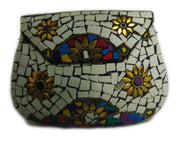 WHITE MOSAIC WOMENS CHAIN CLUTCH BOX BAG METAL PURSE EVENING HANDBAG WALLET
