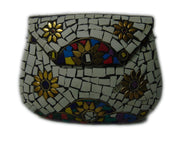 WHITE MOSAIC WOMENS CHAIN CLUTCH BOX BAG METAL PURSE EVENING HANDBAG WALLET