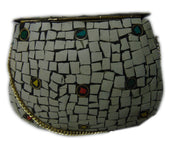 WHITE MOSAIC WOMENS CHAIN CLUTCH BOX BAG METAL PURSE EVENING HANDBAG WALLET