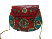 MOSAIC INDIAN HANDMADE MOSAIC METAL CLUTCH PURSE EVENING BAG