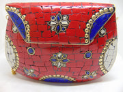 Red Mosaic Work Purse Metal Clutch Indian Handmade