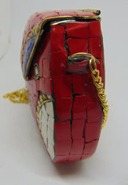 Red Mosaic Work Purse Metal Clutch Indian Handmade