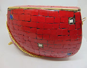 Red Mosaic Work Purse Metal Clutch Indian Handmade